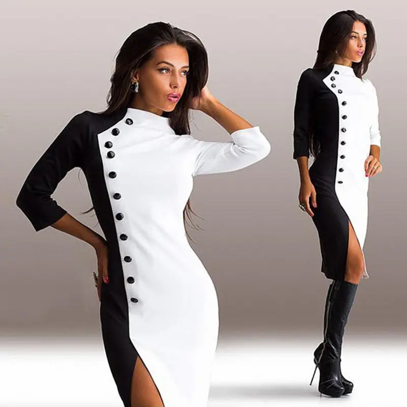 Fashion Women 3/4 Sleeve Buttons Women Dress Vestidos Color-Matching Ball Gown Party Formal Dresses Autum Dress Vestido De Festa 5