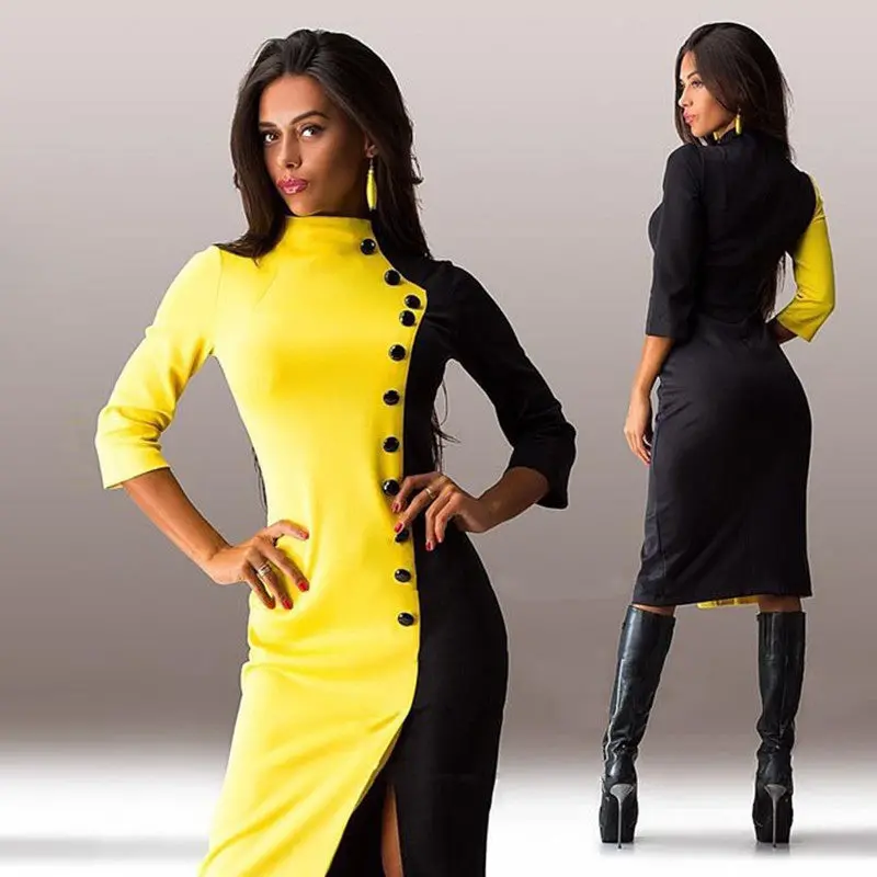 Fashion Women 3/4 Sleeve Buttons Women Dress Vestidos Color-Matching Ball Gown Party Formal Dresses Autum Dress Vestido De Festa 6