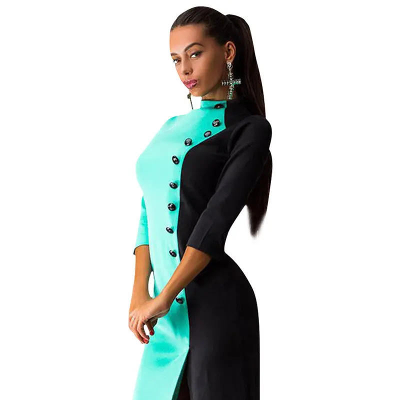 Fashion Women 3/4 Sleeve Buttons Women Dress Vestidos Color-Matching Ball Gown Party Formal Dresses Autum Dress Vestido De Festa 7