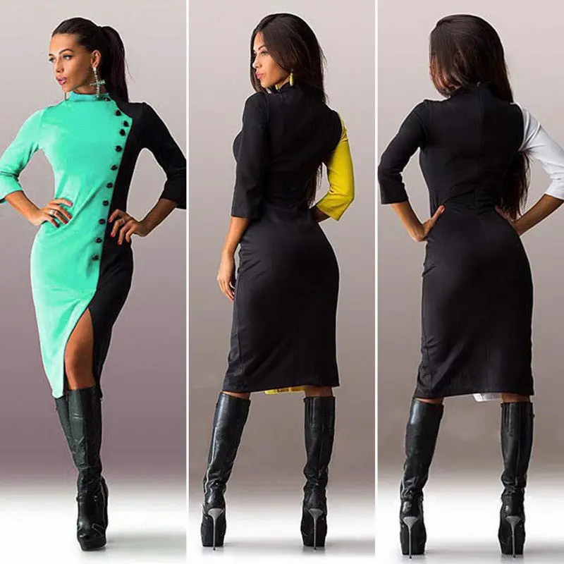 Fashion Women 3/4 Sleeve Buttons Women Dress Vestidos Color-Matching Ball Gown Party Formal Dresses Autum Dress Vestido De Festa 7