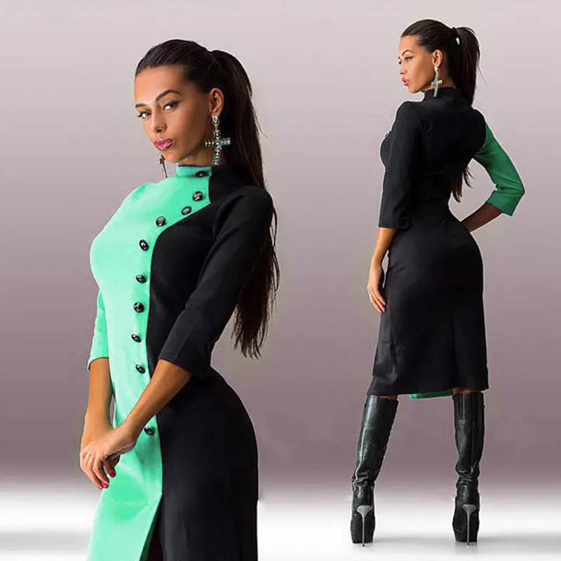 Fashion Women 3/4 Sleeve Buttons Women Dress Vestidos Color-Matching Ball Gown Party Formal Dresses Autum Dress Vestido De Festa 8