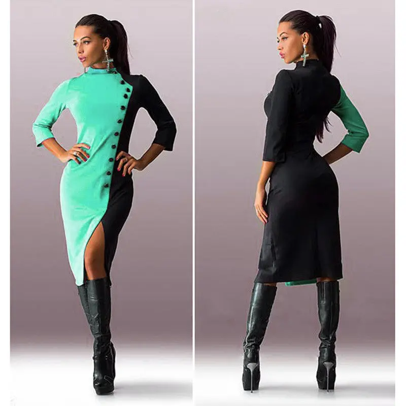 Fashion Women 3/4 Sleeve Buttons Women Dress Vestidos Color-Matching Ball Gown Party Formal Dresses Autum Dress Vestido De Festa 9