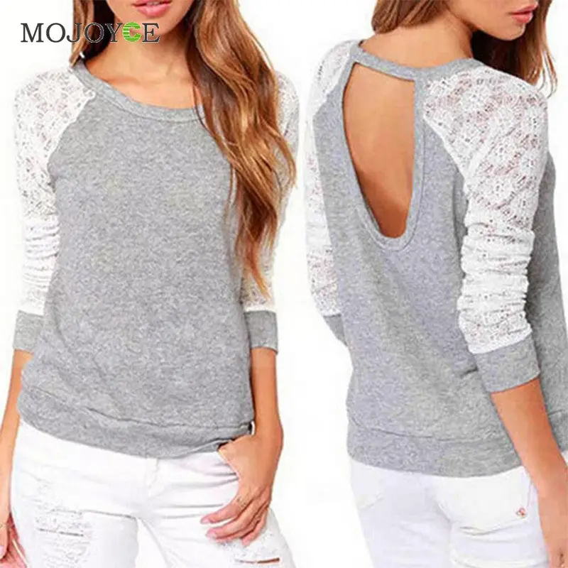 Fashion Women Backless Embroidery Lace T Shirts Casual Long Sleeve Tee Blusa Crop Top Asautimn Tshirt Women Cropped Feminino 3