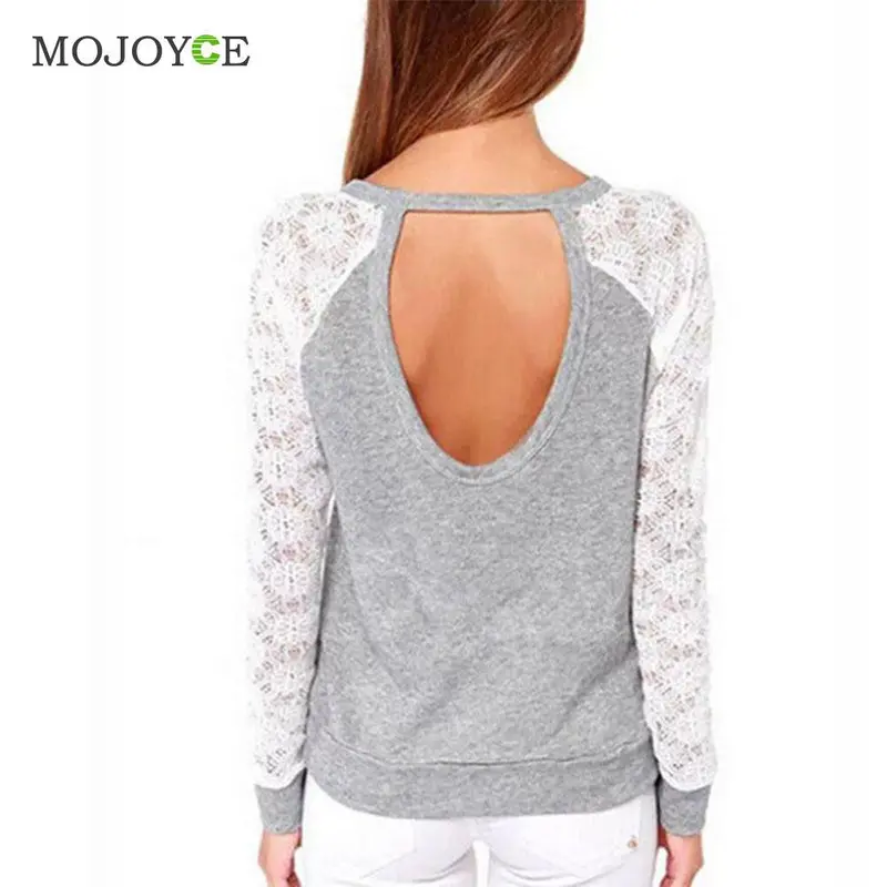 Fashion Women Backless Embroidery Lace T Shirts Casual Long Sleeve Tee Blusa Crop Top Asautimn Tshirt Women Cropped Feminino 4