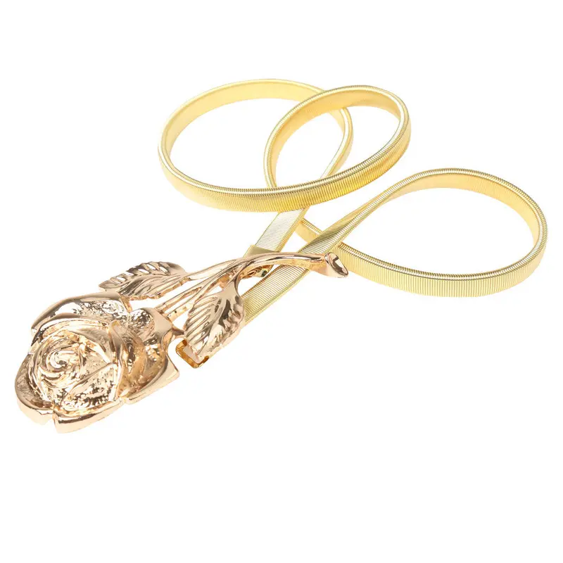 Fashion Women Belts Flower Clasp Front Stretch Elastic Belt Slim Skinny Waist Strap Ceinture Femme Gold/Silver 1