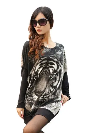 Fashion Women Black Sweaters Tiger Print Crewneck Batwing Sweater Casual Jumper Pullover 1