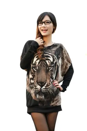 Fashion Women Black Sweaters Tiger Print Crewneck Batwing Sweater Casual Jumper Pullover 3