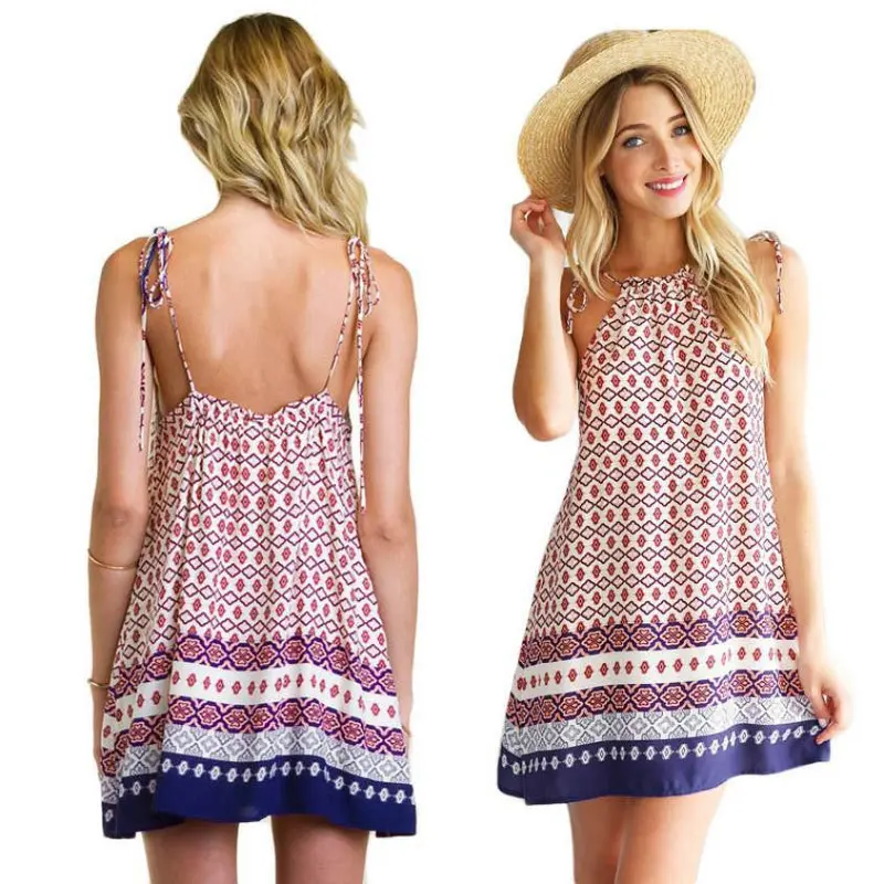 Fashion Women Boho Dress Loose Printed Halter Style Sleeveless Hippie Mini Dress Plus Size Women Clothing Vestidos Beige 1