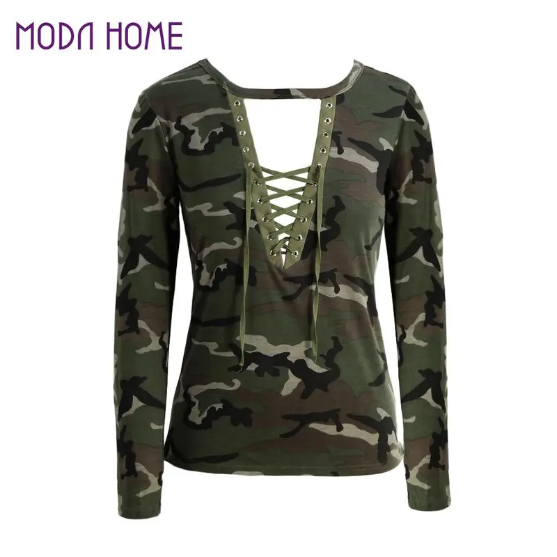 Fashion Women Camouflage Long Sleeve T-Shirt Lace Up Neck Cross Printed Sexy Slim T Shirt Tops Army Green Camisass 1