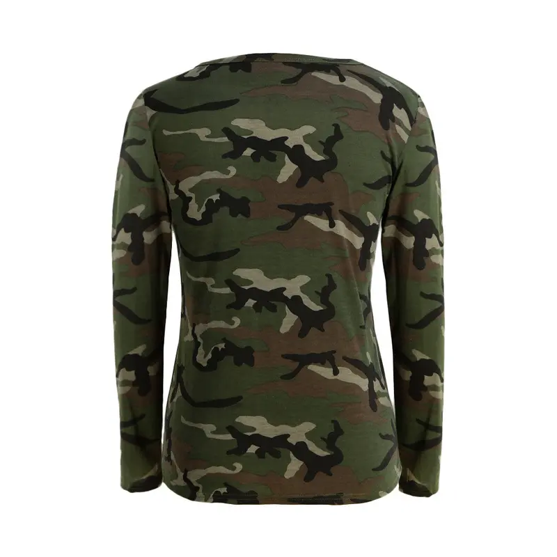 Fashion Women Camouflage Long Sleeve T-Shirt Lace Up Neck Cross Printed Sexy Slim T Shirt Tops Army Green Camisass 2