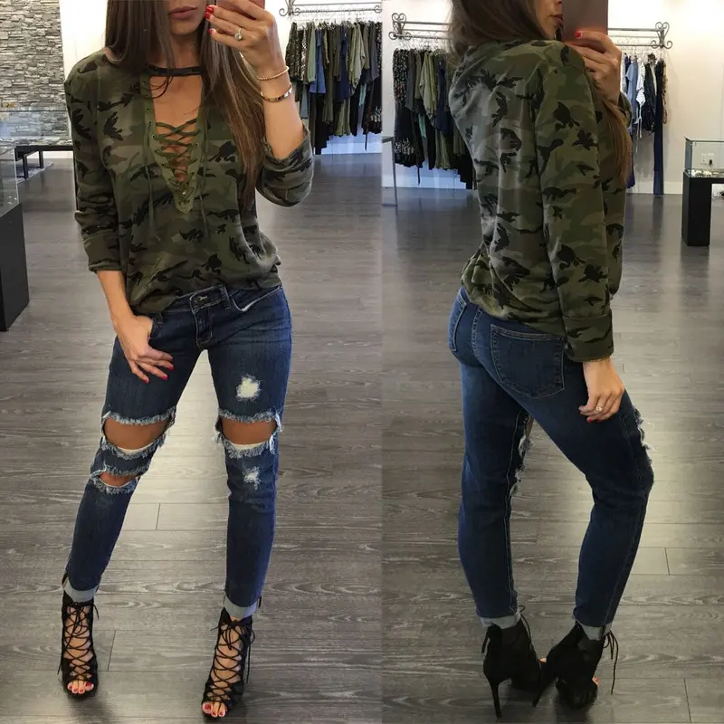 Fashion Women Camouflage Long Sleeve T-Shirt Lace Up Neck Cross Printed Sexy Slim T Shirt Tops Army Green Camisass 3