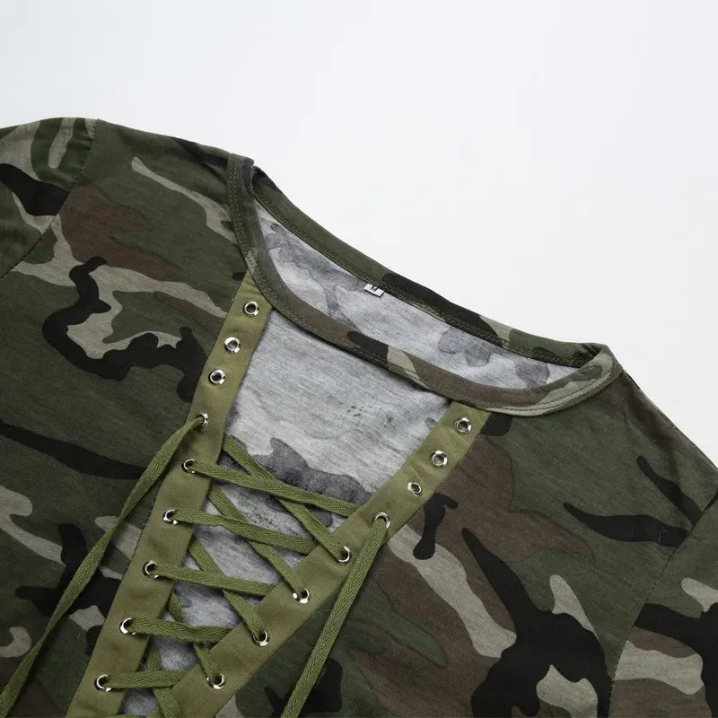 Fashion Women Camouflage Long Sleeve T-Shirt Lace Up Neck Cross Printed Sexy Slim T Shirt Tops Army Green Camisass 4