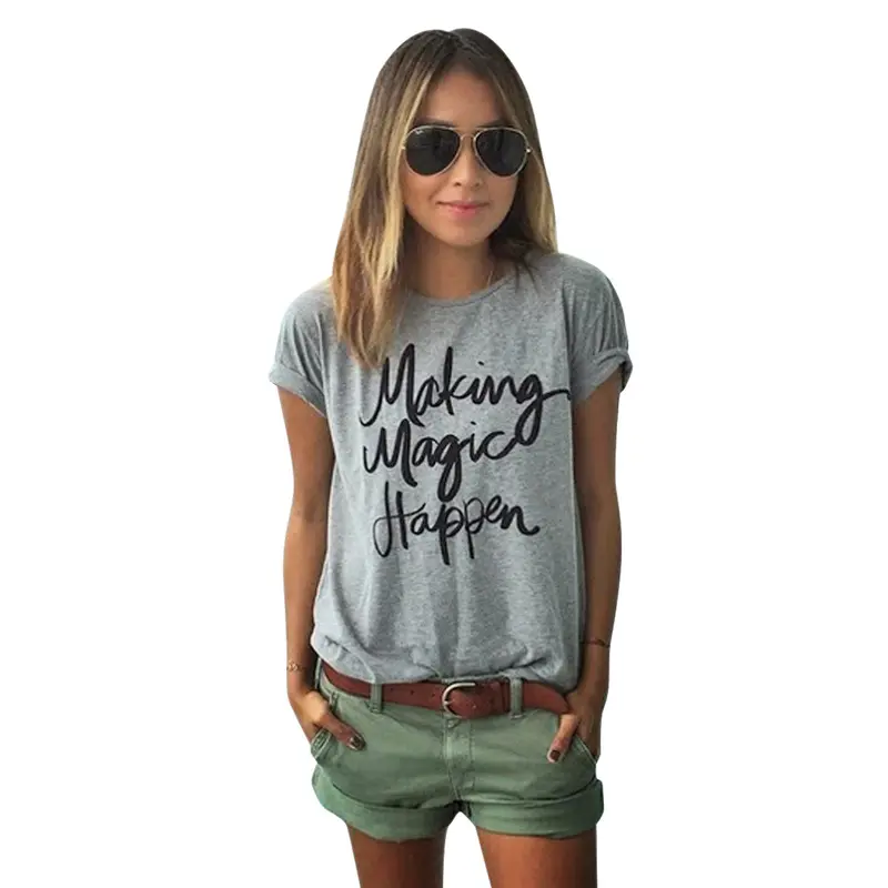Fashion Women Casual Short Sleeve Shirt T-Shirt Letter Print T- Shirts Gray Cotton Blended Top 1