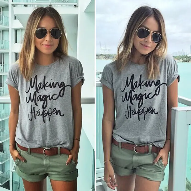 Fashion Women Casual Short Sleeve Shirt T-Shirt Letter Print T- Shirts Gray Cotton Blended Top 2