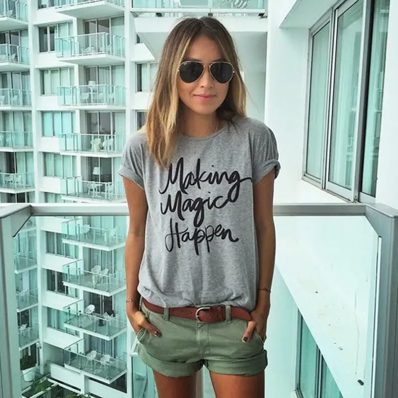 Fashion Women Casual Short Sleeve Shirt T-Shirt Letter Print T- Shirts Gray Cotton Blended Top 3