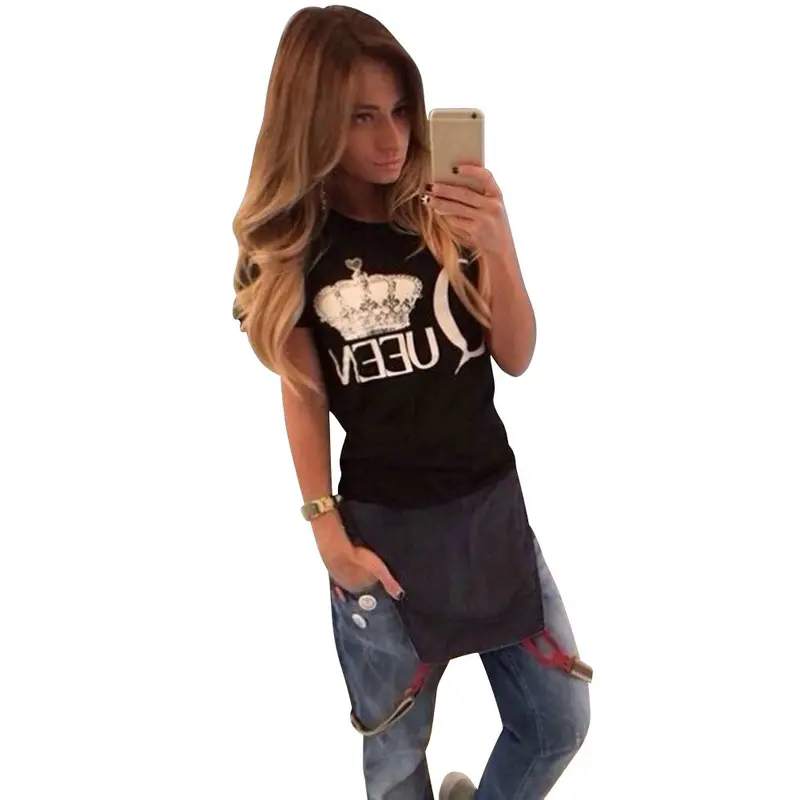 Fashion Women Casual T-Shirt Letter Printing Black Short Sleeve Shirt Top 1