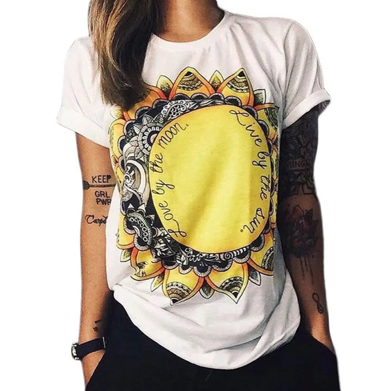 Fashion Women Casual T-Shirt Sunflower Letter Printed Short Sleeve Topswhite Tees Roupas Femininas 1