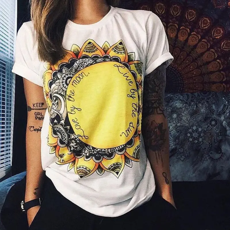 Fashion Women Casual T-Shirt Sunflower Letter Printed Short Sleeve Topswhite Tees Roupas Femininas 4