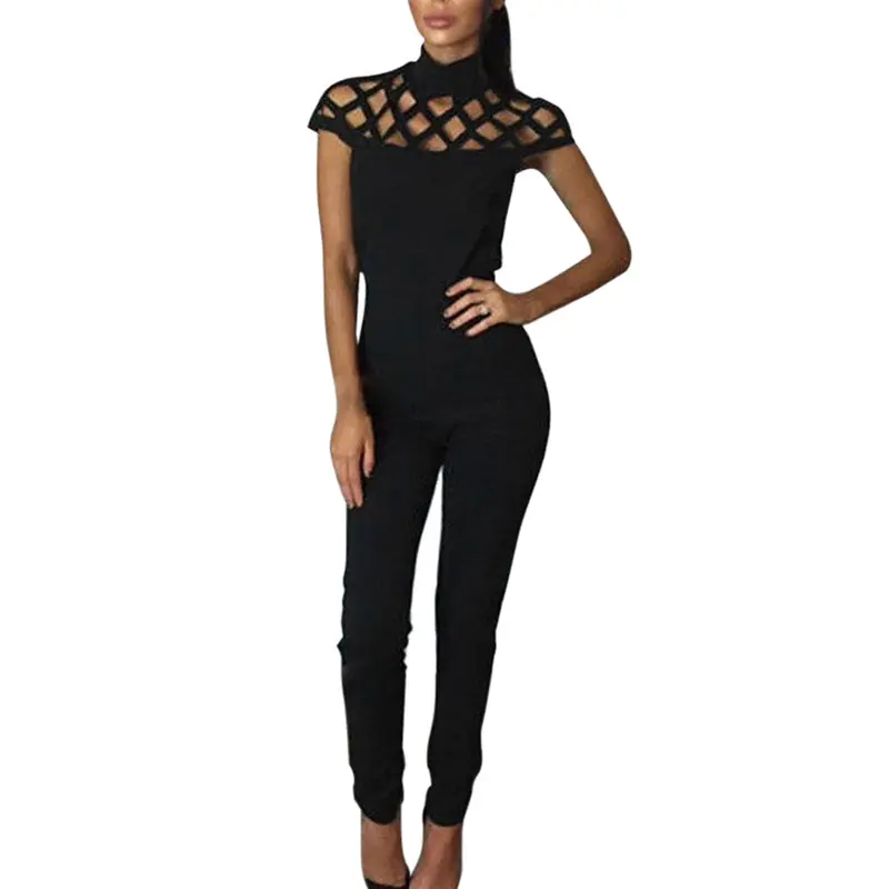 Fashion Women Choker High Neck Caged Sleeve Playsuit Ladies Jumpsuit Long Rompers Women Jumpsuits Bodysuits Femme Combinaison 1
