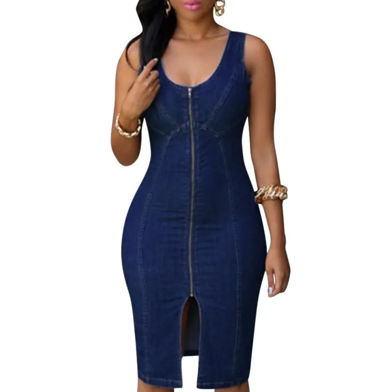 Fashion Women Denim Dress Blue Denim Dress Zip U-Neck Denim Bodycon Dress Casual Sleeveless Denim Dresses Women M L Xl 1