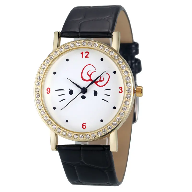 Fashion Women Diamond Cat Analog Leather Quartz Wrist Watch Watches& 1