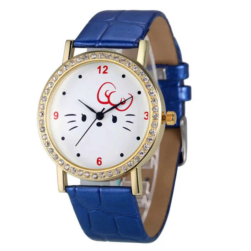 Fashion Women Diamond Cat Analog Leather Quartz Wrist Watch Watches& 2