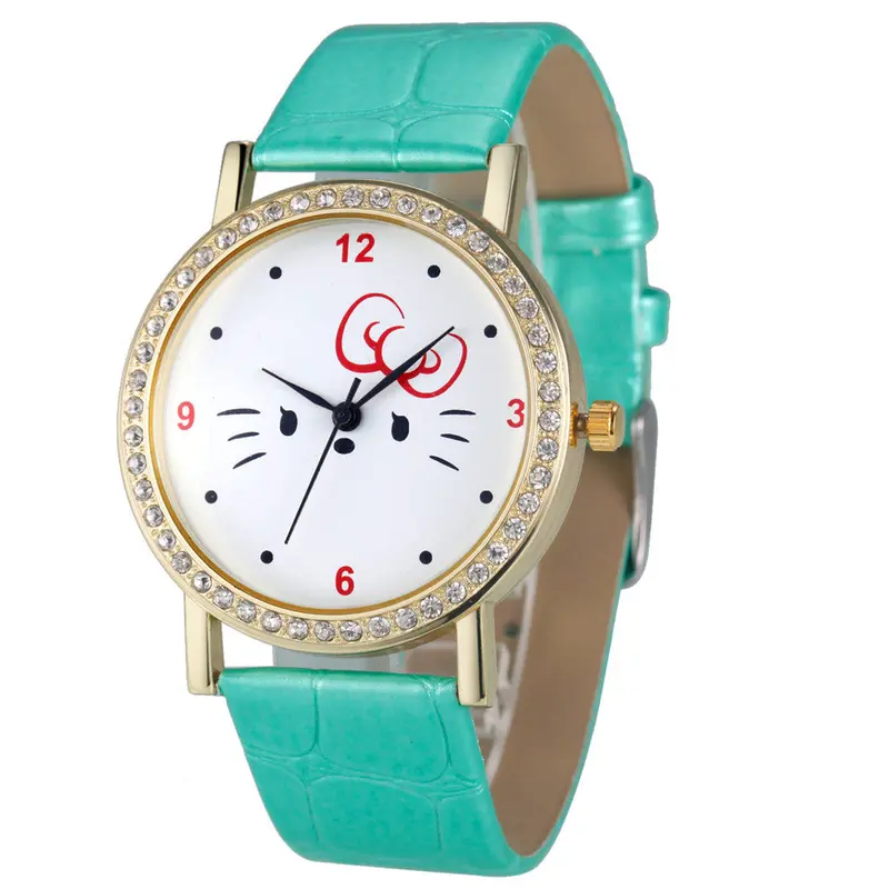 Fashion Women Diamond Cat Analog Leather Quartz Wrist Watch Watches& 3