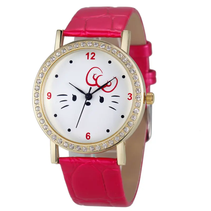 Fashion Women Diamond Cat Analog Leather Quartz Wrist Watch Watches& 4