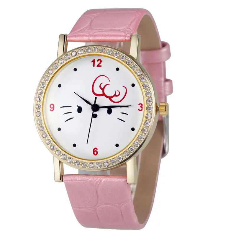 Fashion Women Diamond Cat Analog Leather Quartz Wrist Watch Watches& 5