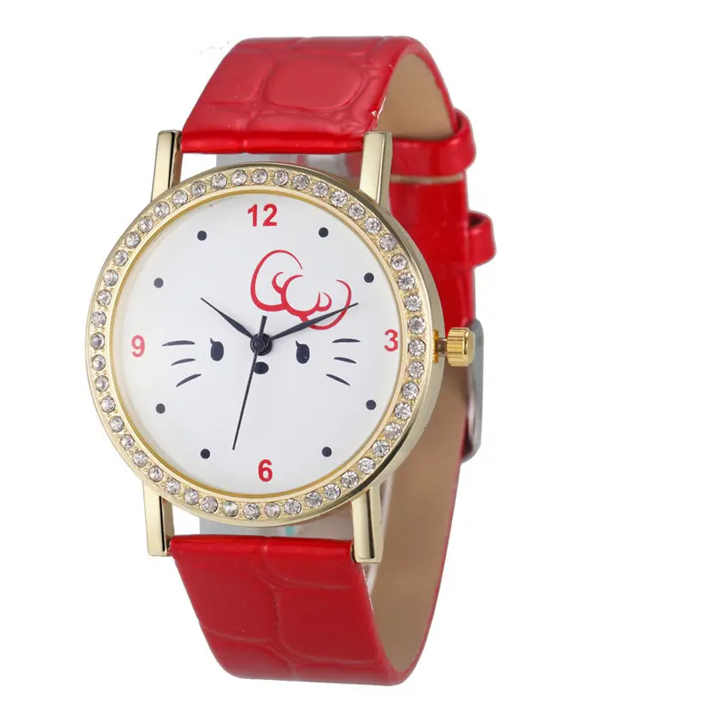 Fashion Women Diamond Cat Analog Leather Quartz Wrist Watch Watches& 6