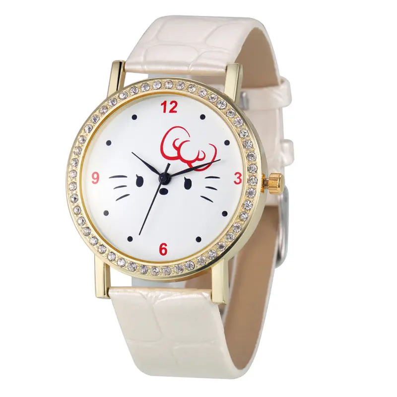 Fashion Women Diamond Cat Analog Leather Quartz Wrist Watch Watches& 7