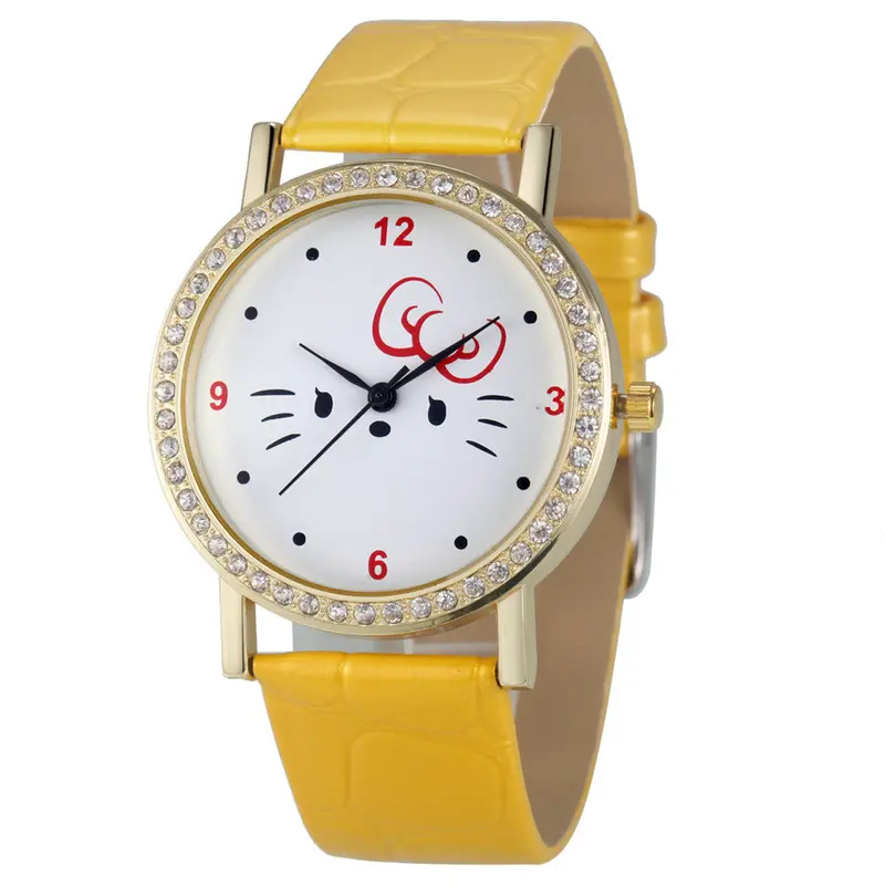 Fashion Women Diamond Cat Analog Leather Quartz Wrist Watch Watches& 8