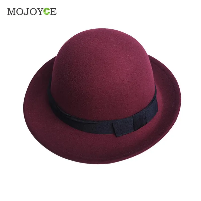 Fashion Women Fedora Jazz Bowknot Hard Felt Hats Wool Felt Wide Brim Bowler Hat Woollen Cloth Fedoras Caps For Women 1