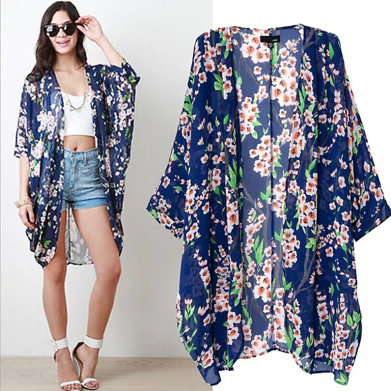 Fashion Women Floral Print Casual Kimono Cardigan Bikini Cover Up Outerwear 2