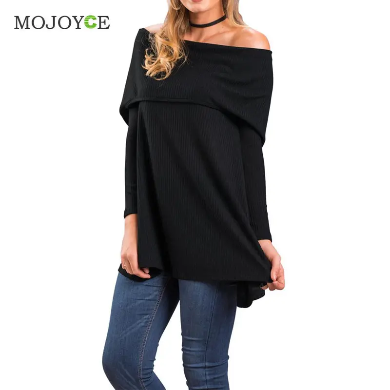 Fashion Women Knit T Shirt Long Sleeved Word Shoulder Knit Top Blusa Slash Neck Black Women Tops Pullover Off Shoulder Tee 1