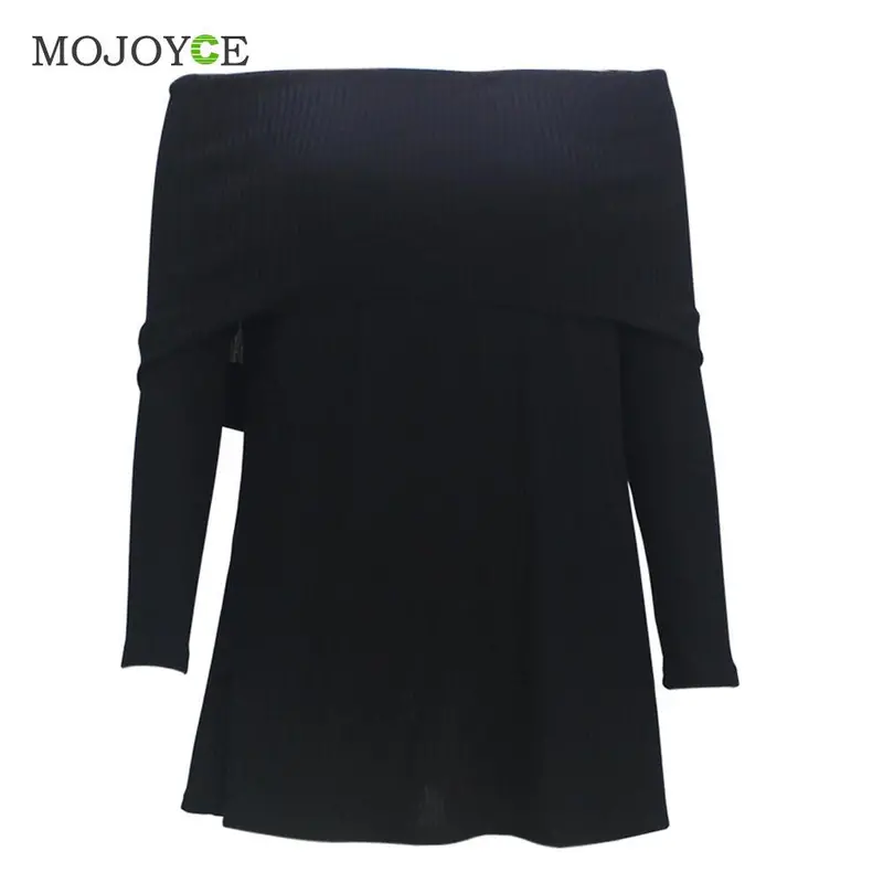 Fashion Women Knit T Shirt Long Sleeved Word Shoulder Knit Top Blusa Slash Neck Black Women Tops Pullover Off Shoulder Tee 2