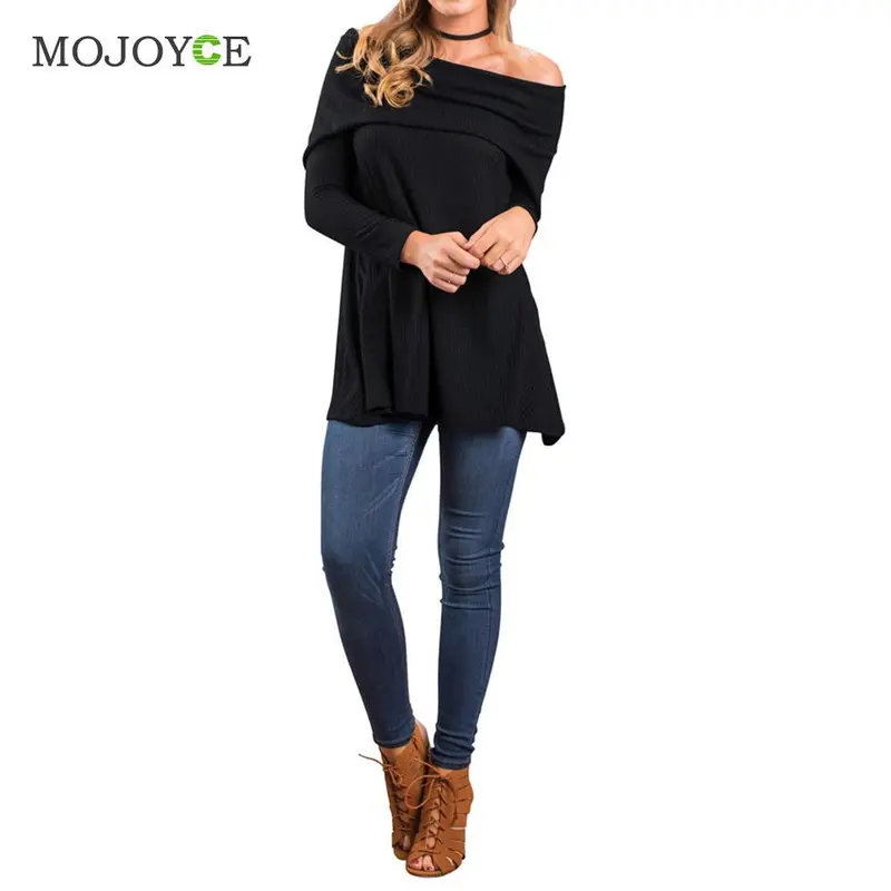 Fashion Women Knit T Shirt Long Sleeved Word Shoulder Knit Top Blusa Slash Neck Black Women Tops Pullover Off Shoulder Tee 3