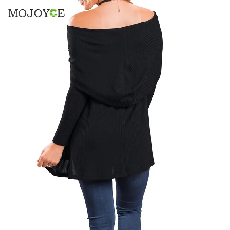 Fashion Women Knit T Shirt Long Sleeved Word Shoulder Knit Top Blusa Slash Neck Black Women Tops Pullover Off Shoulder Tee 4