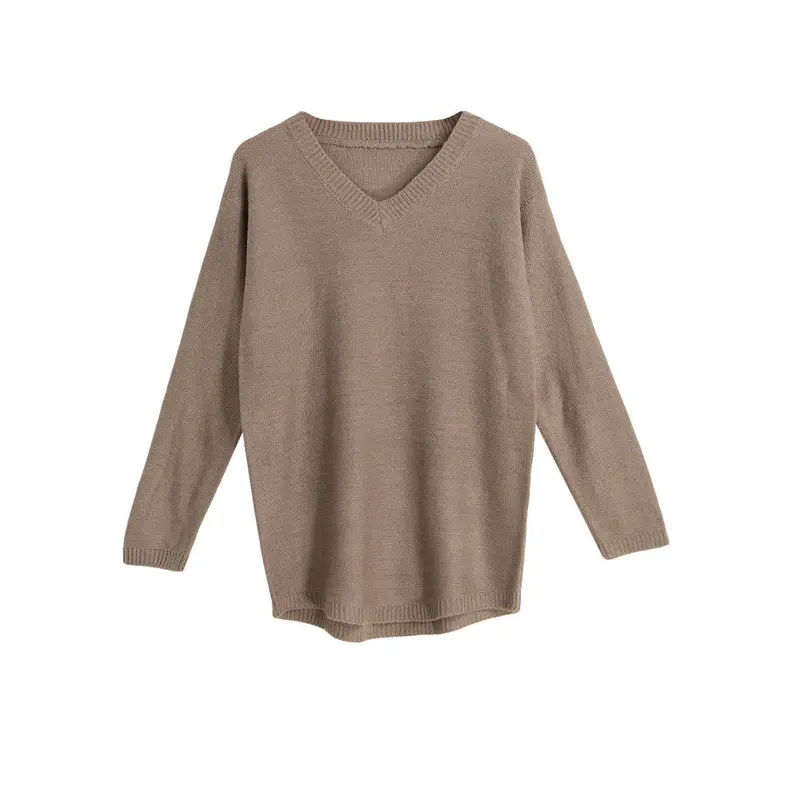 Fashion Women Knitted Sweaters And Pullovers V-Neck Tricot Long Sleeve Casual Knitwear Tops Khaki Roupa 1