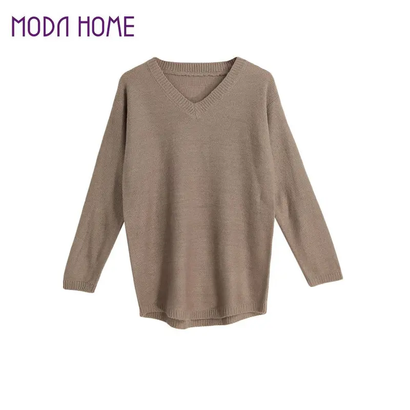 Fashion Women Knitted Sweaters And Pullovers V-Neck Tricot Long Sleeve Casual Knitwear Tops Khaki Roupa 2