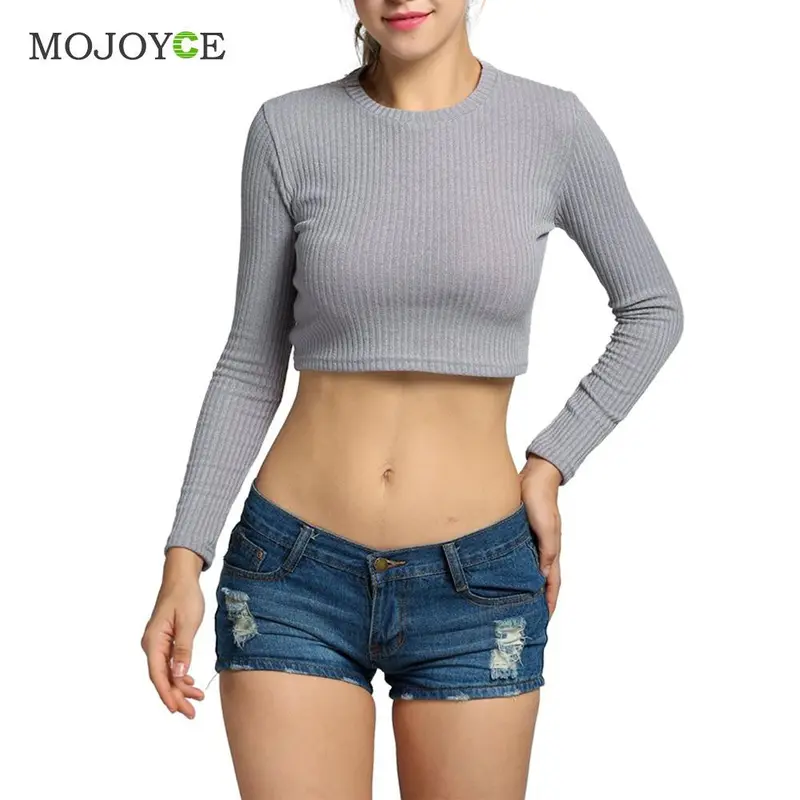 Fashion Women Knitted T Shirt High Neck Long Sleeve Cropped Backless Slim Blusas Femininas Crop Tops Blusa Tee 1