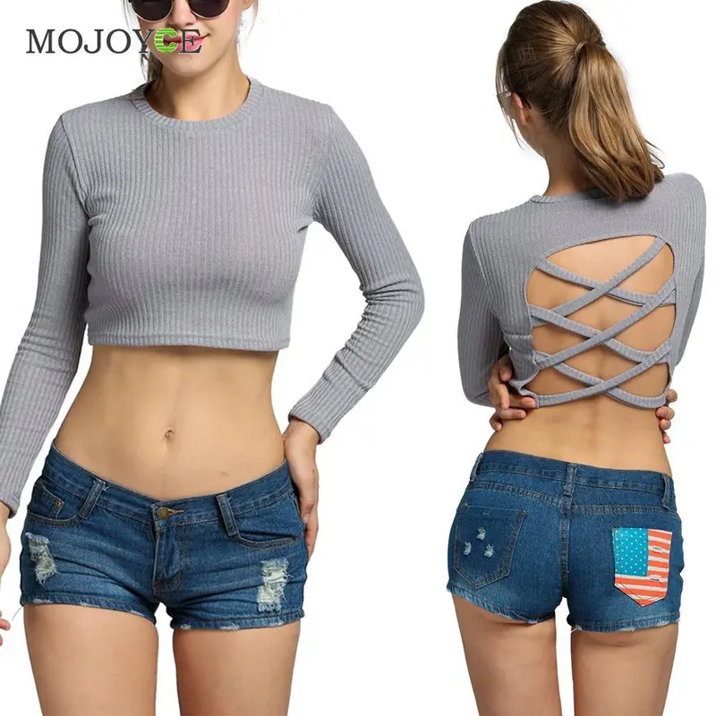 Fashion Women Knitted T Shirt High Neck Long Sleeve Cropped Backless Slim Blusas Femininas Crop Tops Blusa Tee 2