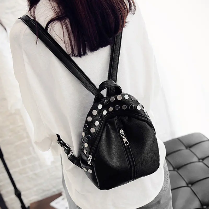 Fashion Women Leather Backpacks Rivet Schoolbags For Teenage Girls Female Bagpack Lady Small Travel Backpack Mochila Black Bags 2