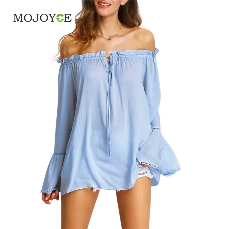 Fashion Women Light Blue Off Shoulder Blouse Bell Sleeve Blusas Women Tops Women Blouses Camisa Feminina Blusas Camisas Mujer 1