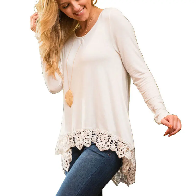 Fashion Women Long Sleeve T Shirt Lace Decor Tee Blusa Casual Loose Women Tops T Shirt 3