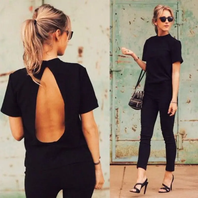Fashion Women Loose Backless Tops Tees Short Sleeve Hollow Tee Ladies Casual Black Crop Top T-Shirt Women's T Shirt 1