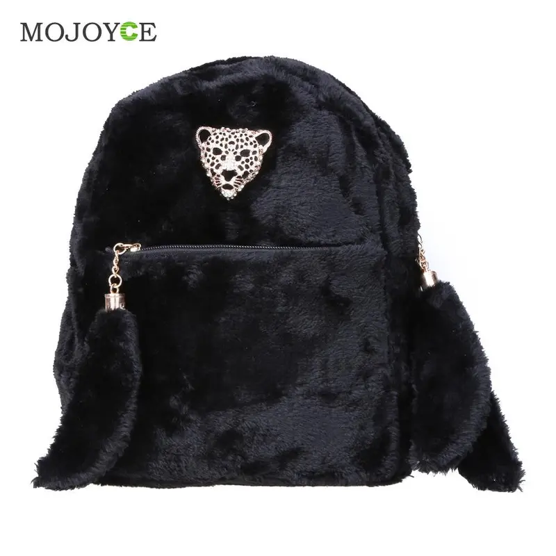 Fashion Women New Plush Youth Backpack Metal Leopard Bags Female Youth Backpacks For Teenage Girls Mochila Plush Zipper 2