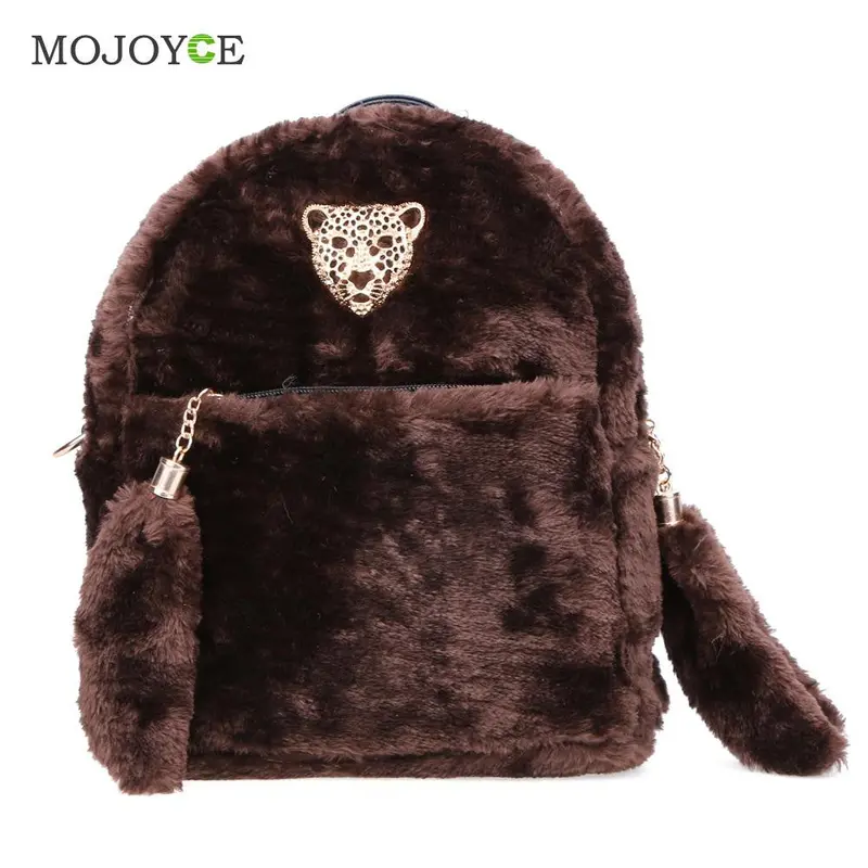 Fashion Women New Plush Youth Backpack Metal Leopard Bags Female Youth Backpacks For Teenage Girls Mochila Plush Zipper 3