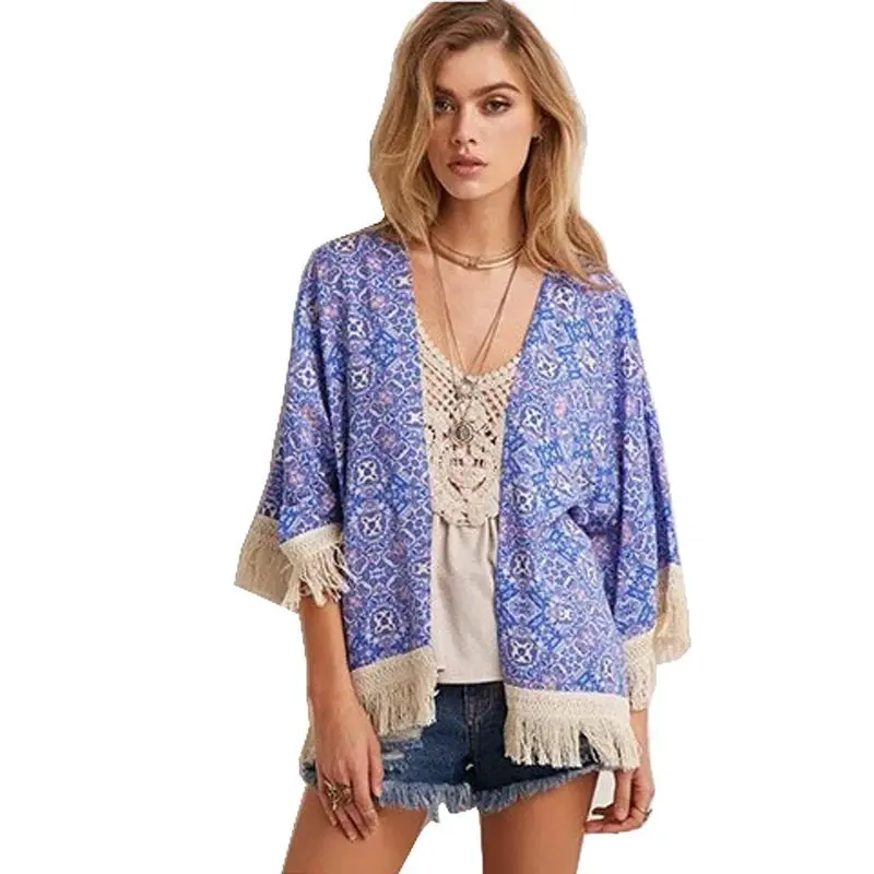 Fashion Women Printed Chiffon Cardigan Blouse Tassel Fringe Shawl Kimono Loose Jacket Tops Femininas 1