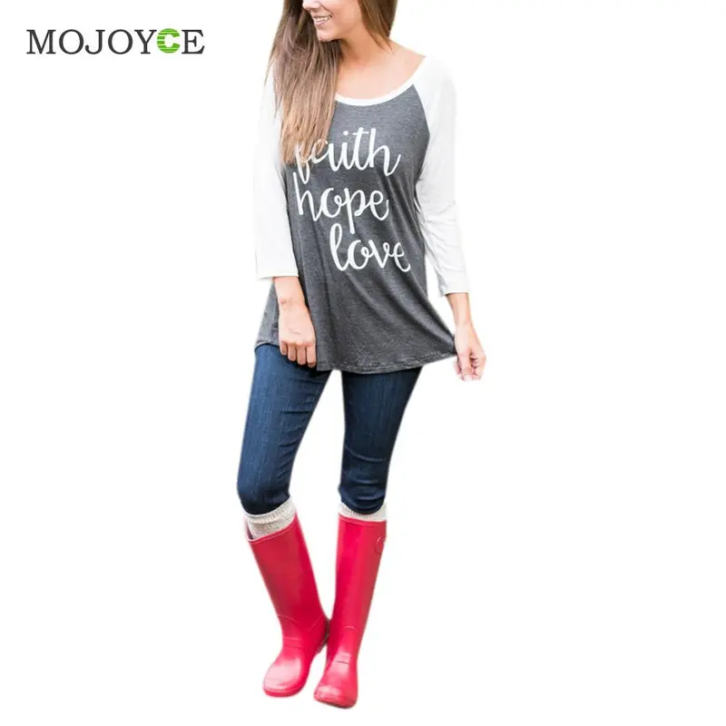 Fashion Women Round Collar 4/3 Sleeve Tops Casual Letter Print T-Shirt Blusa 1